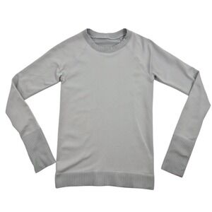 Lululemon Swiftly Tech Long Sleeve Top Gray White Striped Thumbholes Size 6‎